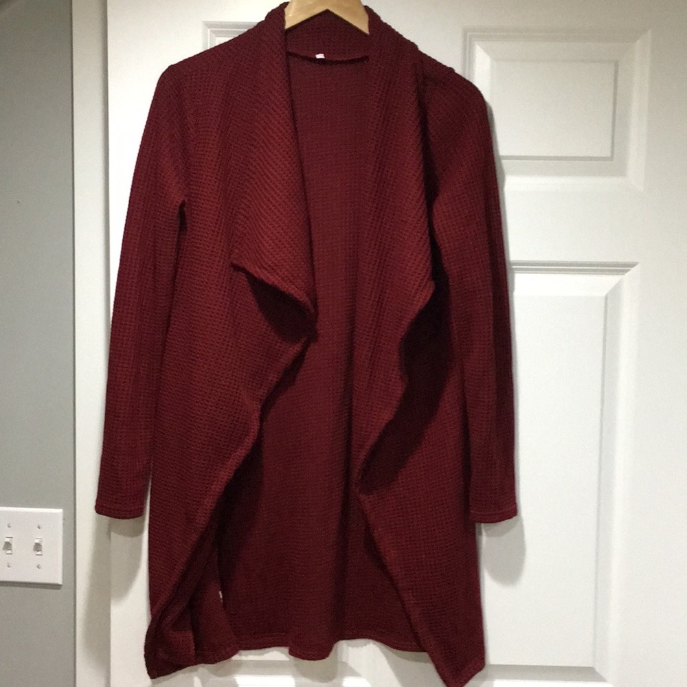 Lightweight Waffle Knit Red Drape collar sweater